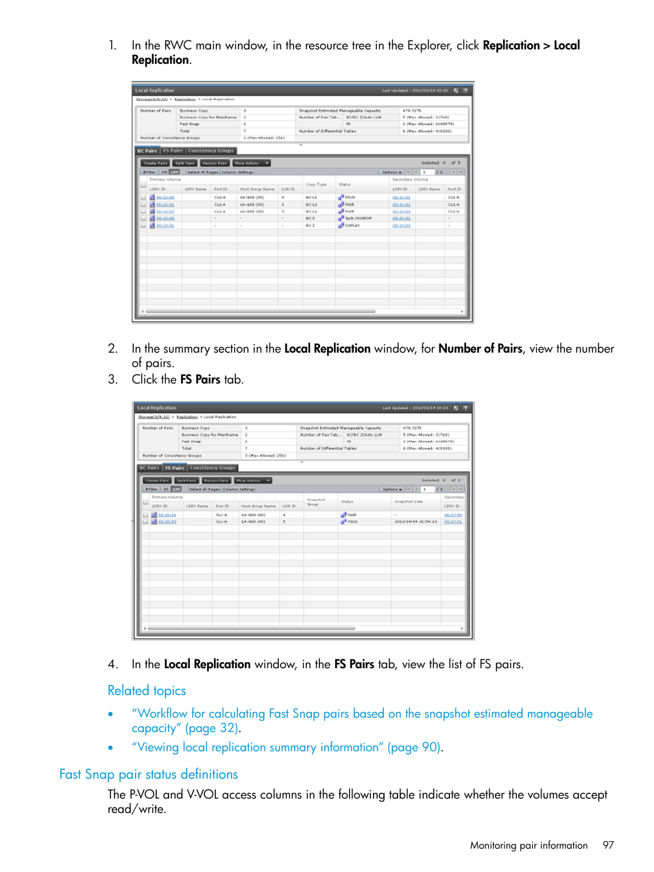 Fast snap pair status definitions | HP XP7 Storage User Manual | Page 97 / 197
