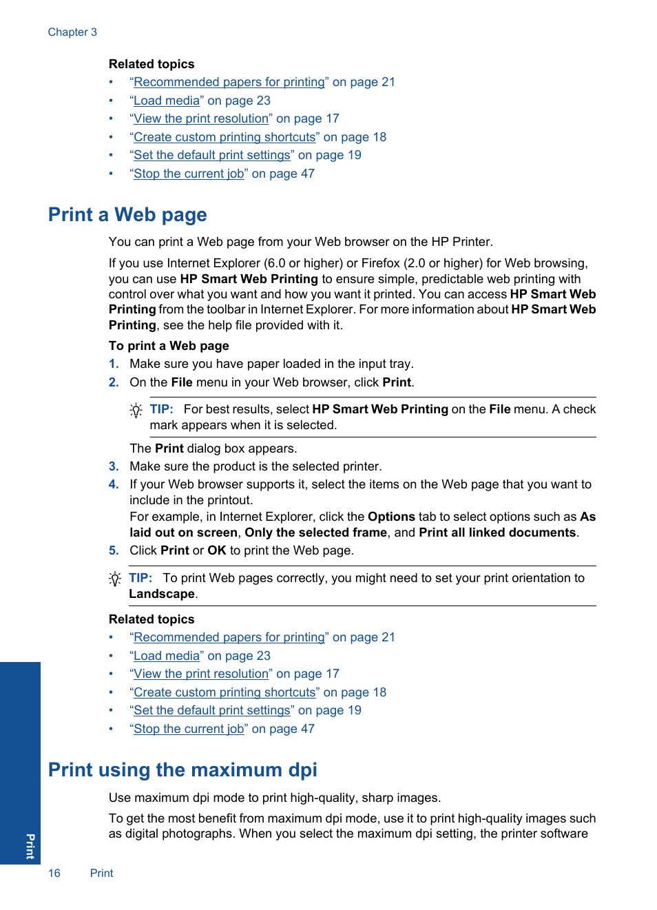 Print a web page, Print using the maximum dpi | HP Officejet 4000 Printer - K210a User Manual | Page 18 / 60