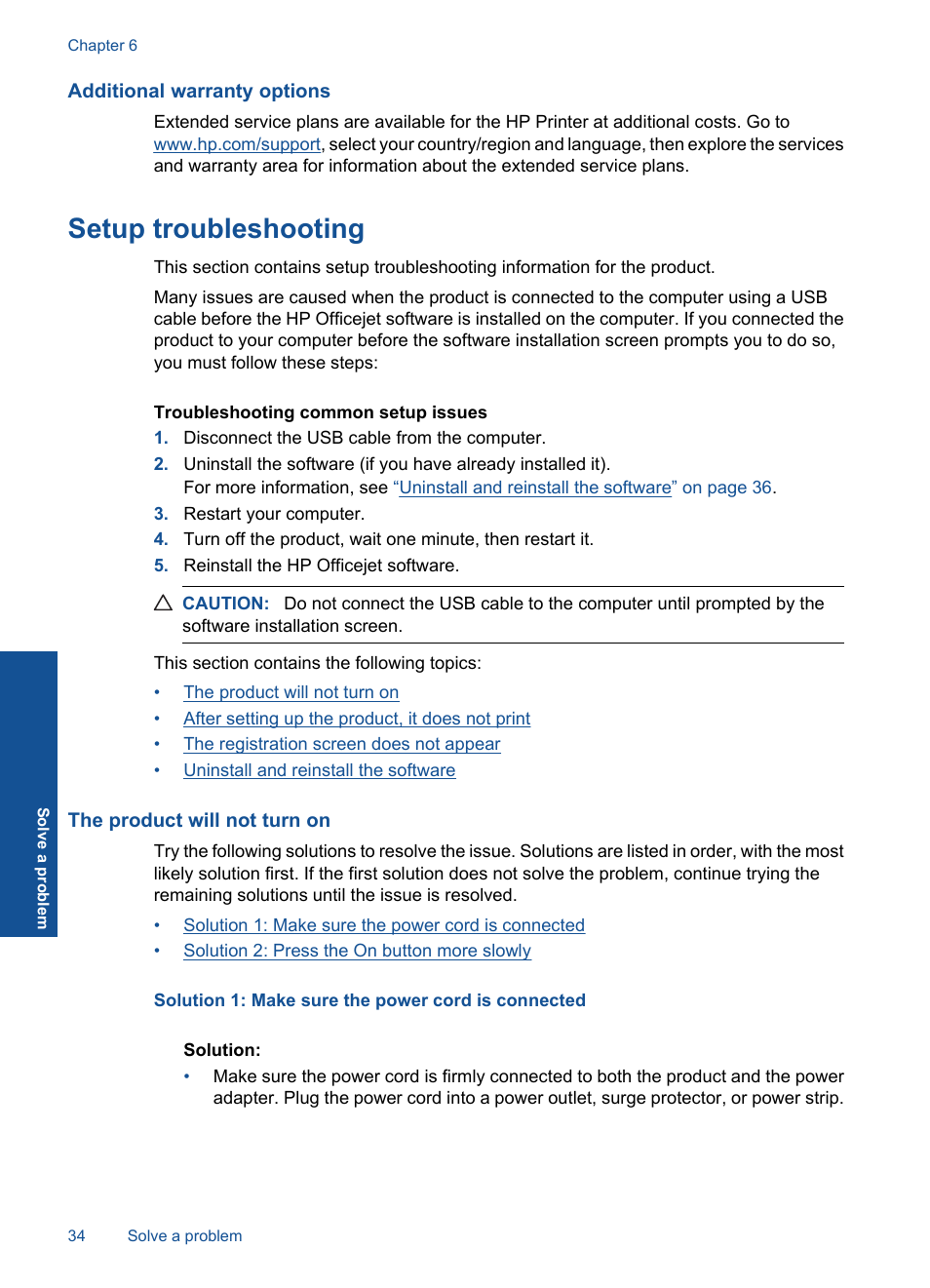 Additional warranty options, Setup troubleshooting, The product will not turn on | HP Officejet 4000 Printer - K210a User Manual | Page 36 / 60