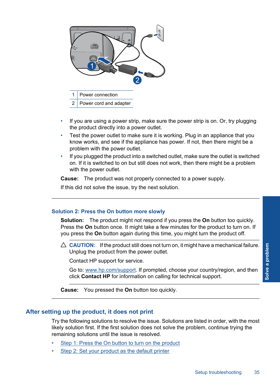 After setting up the product, it does not print, Solution 2: press the on button more slowly | HP Officejet 4000 Printer - K210a User Manual | Page 37 / 60