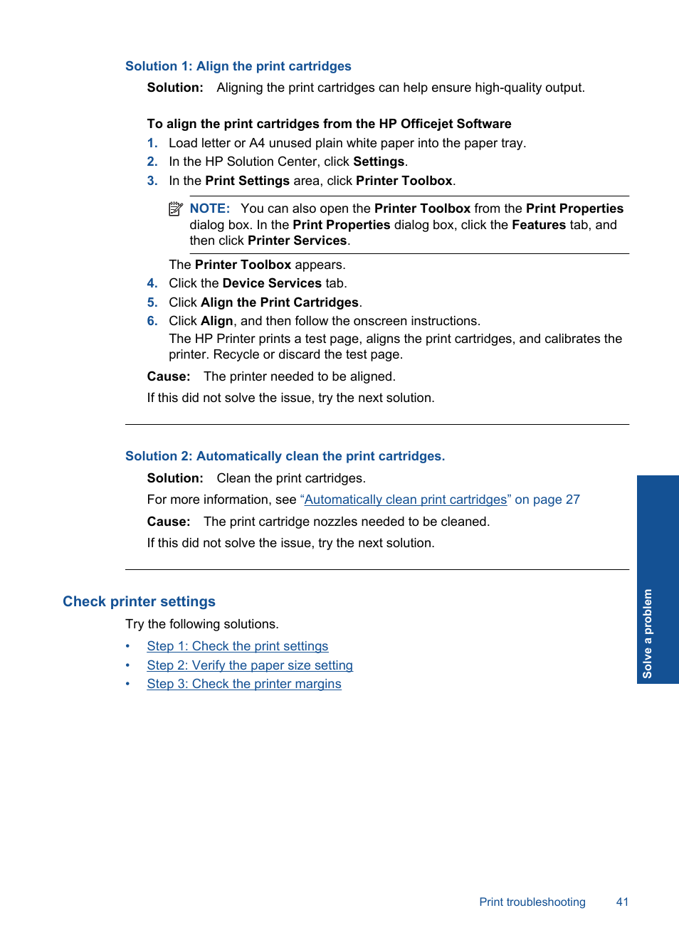 Check printer settings, Solution 1: align the print cartridges | HP Officejet 4000 Printer - K210a User Manual | Page 43 / 60