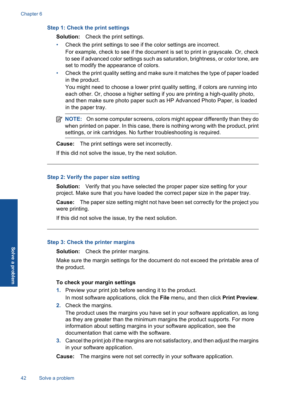 Step 1: check the print settings, Step 2: verify the paper size setting, Step 3: check the printer margins | HP Officejet 4000 Printer - K210a User Manual | Page 44 / 60