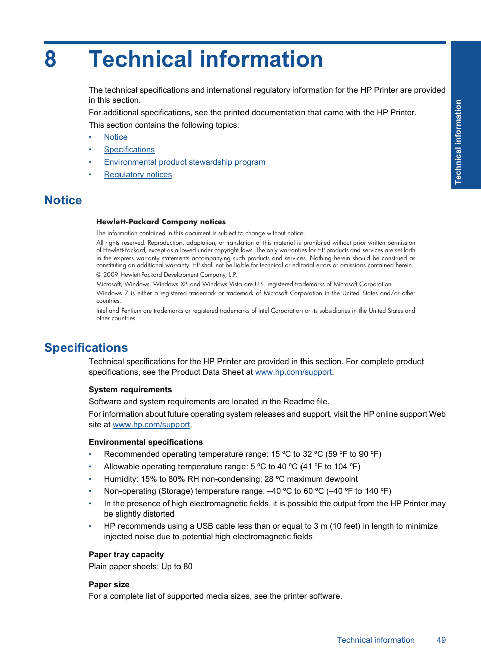 Technical information, Notice, Specifications | 8 technical information, Notice specifications, 8technical information | HP Officejet 4000 Printer - K210a User Manual | Page 51 / 60