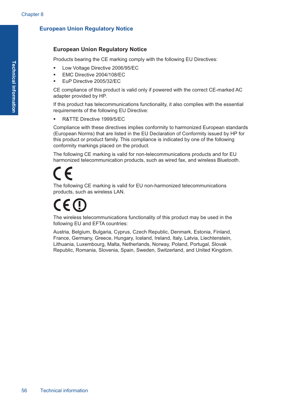 European union regulatory notice | HP Officejet 4000 Printer - K210a User Manual | Page 58 / 60