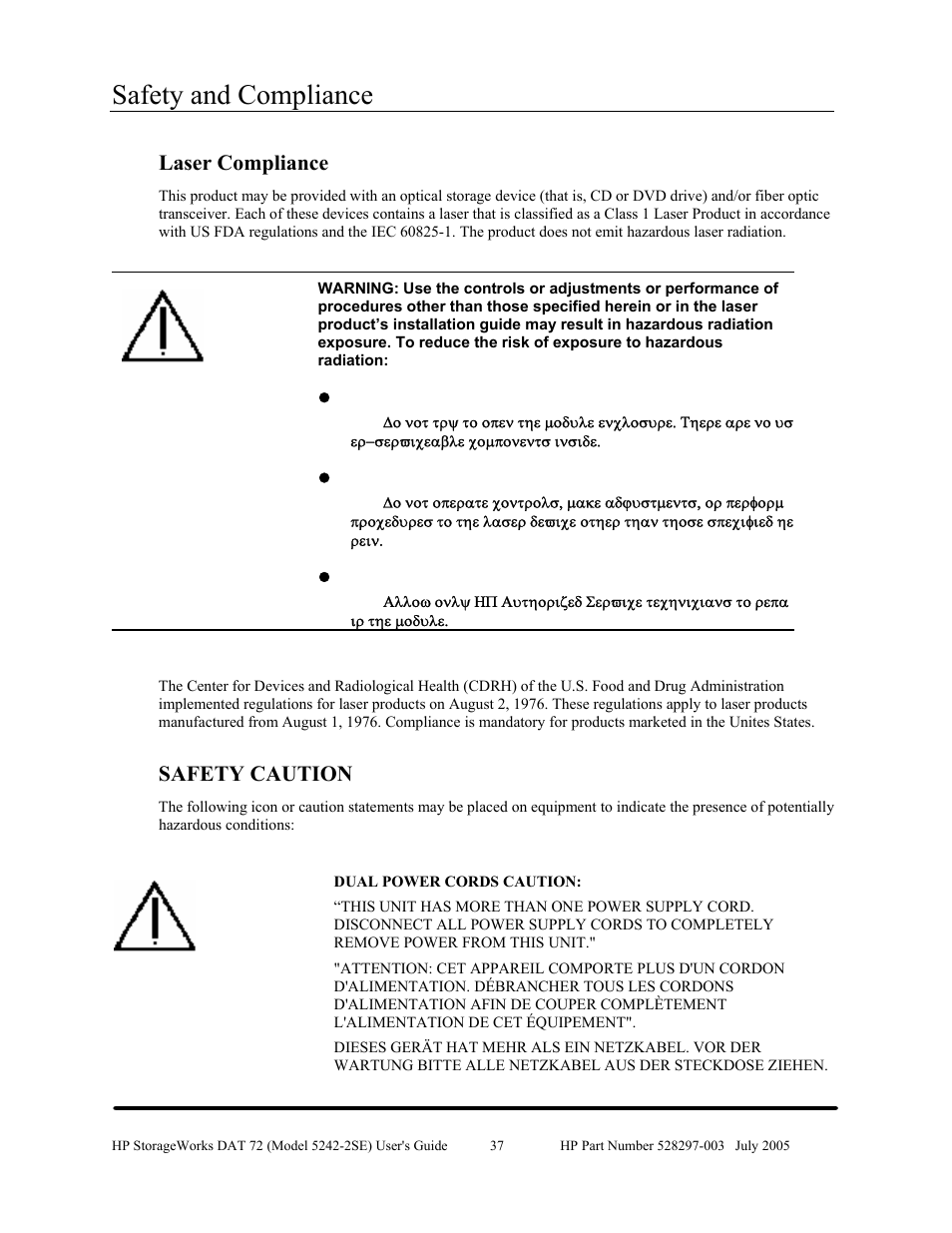Laser compliance, Safety caution, Safety and compliance | HP NonStop G-Series User Manual | Page 41 / 43