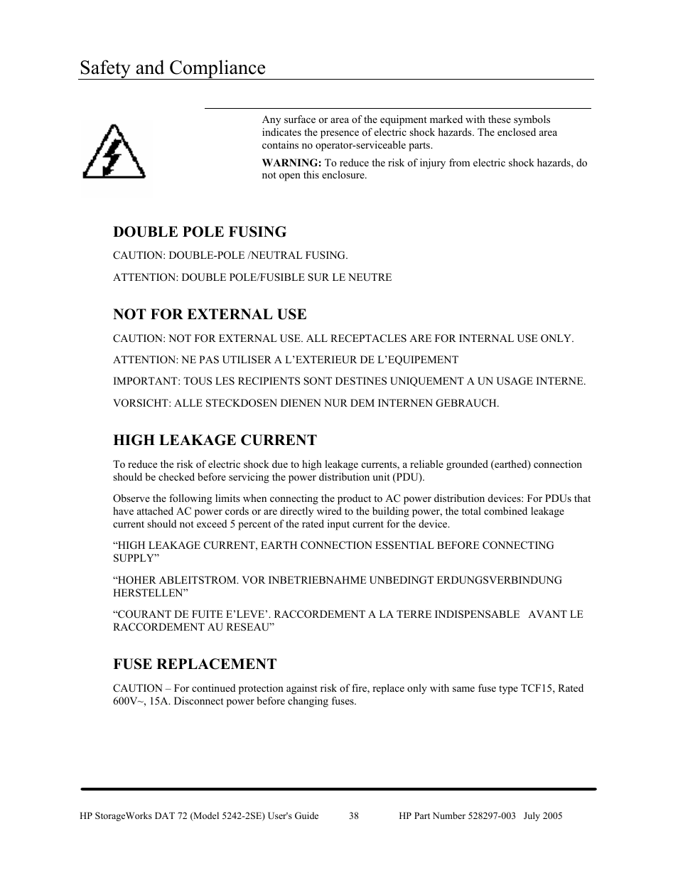 Double pole fusing, Not for external use, High leakage current | Fuse replacement, Safety and compliance | HP NonStop G-Series User Manual | Page 42 / 43