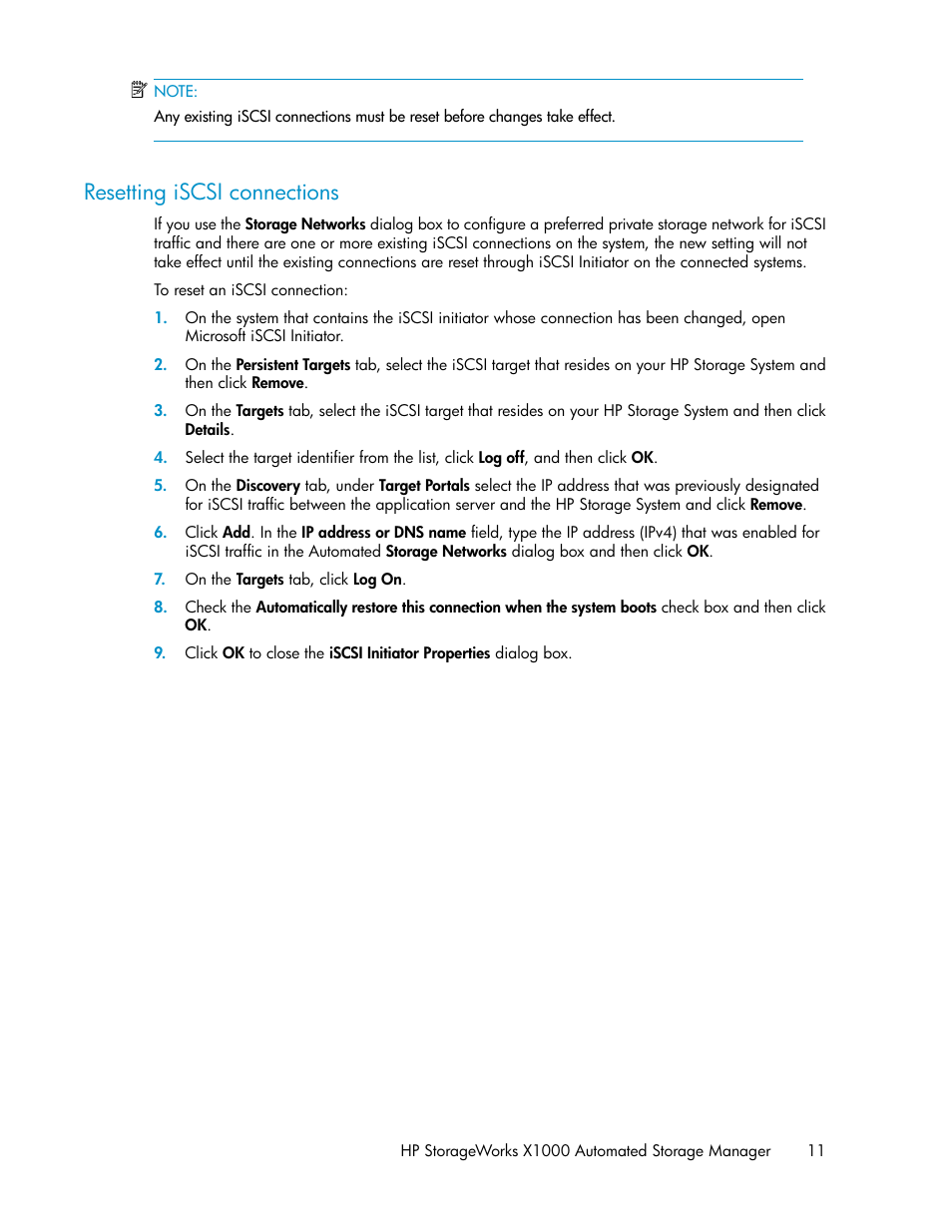 Resetting iscsi connections | HP X1000 Network Storage Systems User Manual | Page 11 / 68