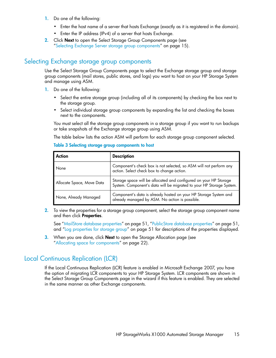 Selecting exchange storage group components, Local continuous replication (lcr), 15 local continuous replication (lcr) | Selecting storage group components to host | HP X1000 Network Storage Systems User Manual | Page 15 / 68