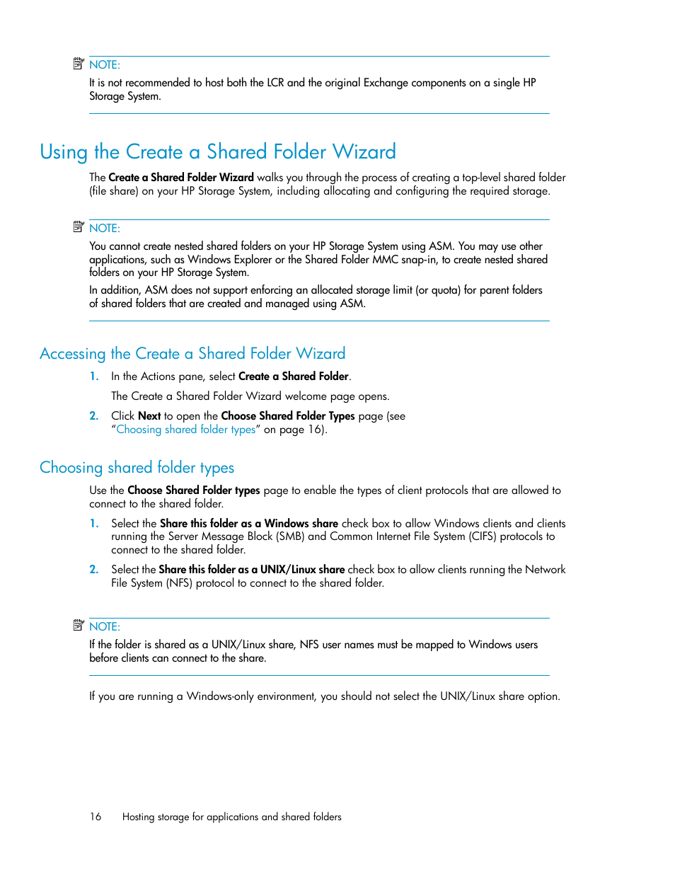 Using the create a shared folder wizard, Choosing shared folder types, Using the create a shared folder wiz | Using the create a shared folder, Wizard, Accessing the create a shared folder wizard | HP X1000 Network Storage Systems User Manual | Page 16 / 68