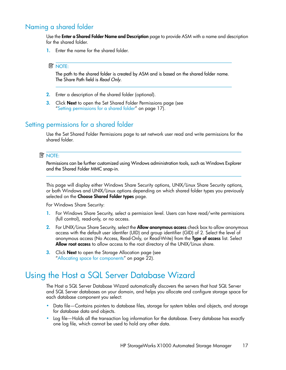 Naming a shared folder, Setting permissions for a shared folder, Using the host a sql server database wizard | 17 setting permissions for a shared folder, Using the host a sql server database wiz, Using the host a sql server, Database wizard | HP X1000 Network Storage Systems User Manual | Page 17 / 68