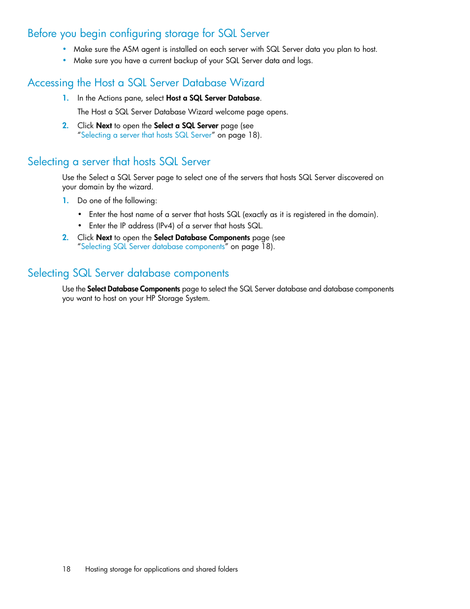 Selecting a server that hosts sql server, Selecting sql server database components, 18 selecting sql server database components | Accessing the host a sql server database wizard | HP X1000 Network Storage Systems User Manual | Page 18 / 68