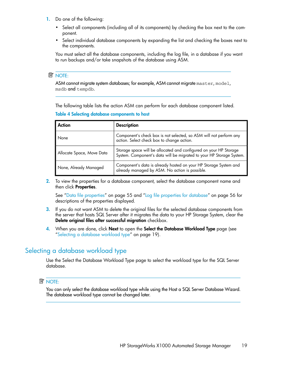 Selecting a database workload type, Selecting database components to host | HP X1000 Network Storage Systems User Manual | Page 19 / 68