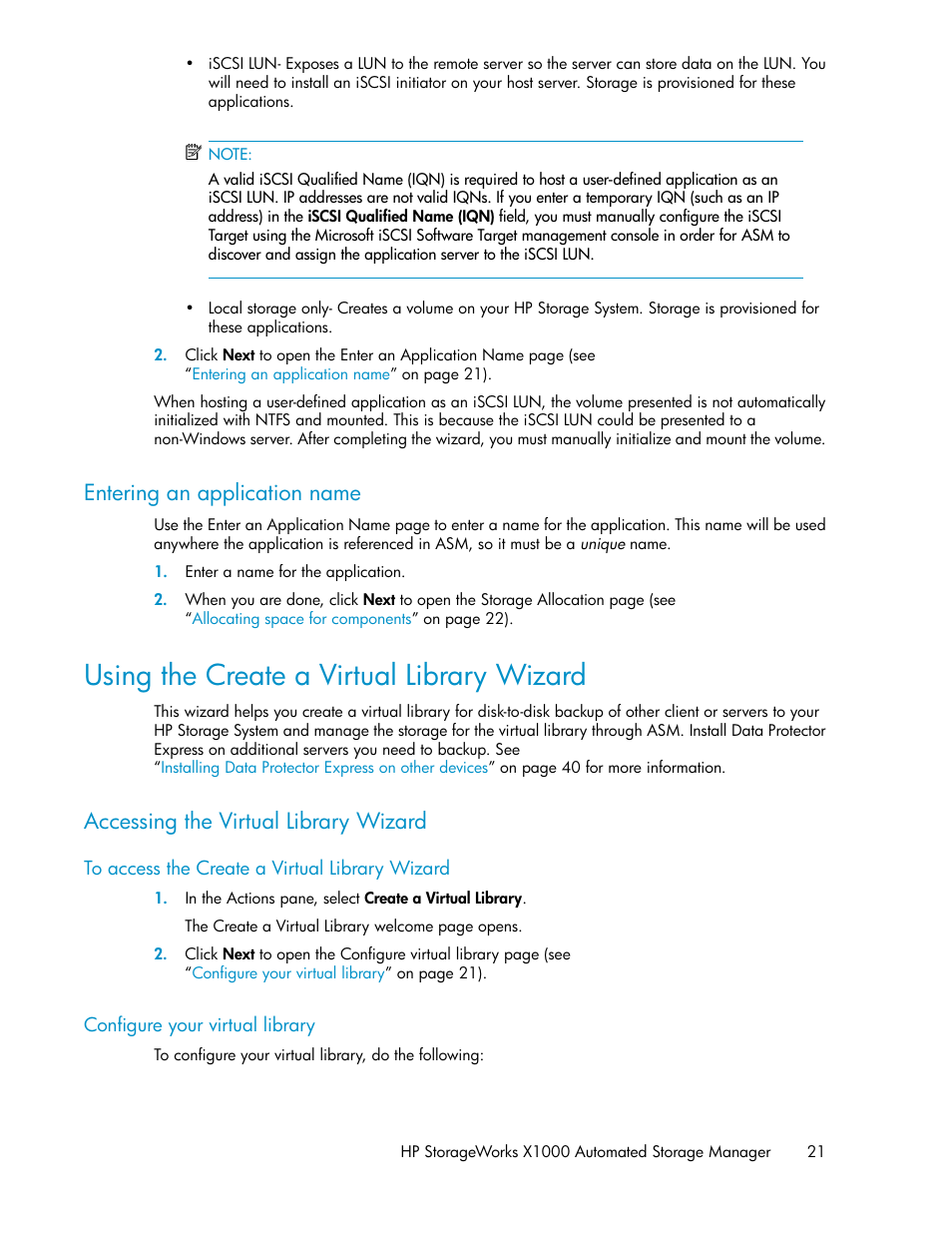 Entering an application name, Using the create a virtual library wizard, Accessing the virtual library wizard | Configure your virtual library, Using the create a virtual library, Wizard | HP X1000 Network Storage Systems User Manual | Page 21 / 68