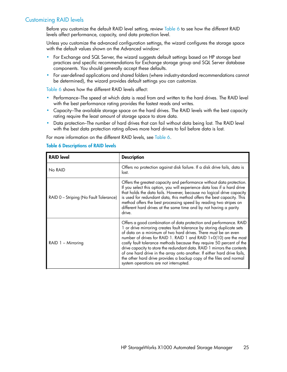 Descriptions of raid levels, Customizing raid, Levels | HP X1000 Network Storage Systems User Manual | Page 25 / 68