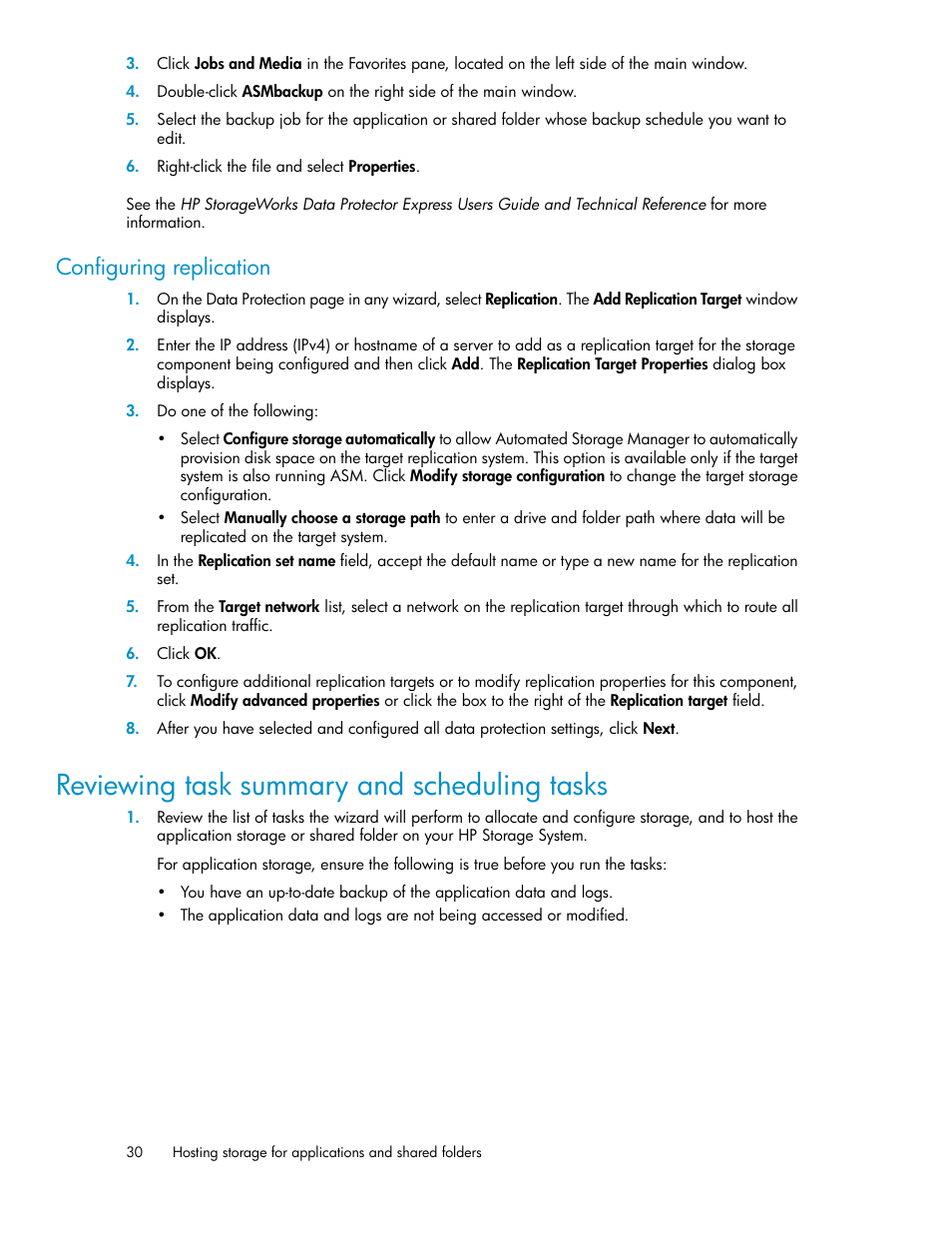 Reviewing task summary and scheduling tasks, Configuring replication | HP X1000 Network Storage Systems User Manual | Page 30 / 68