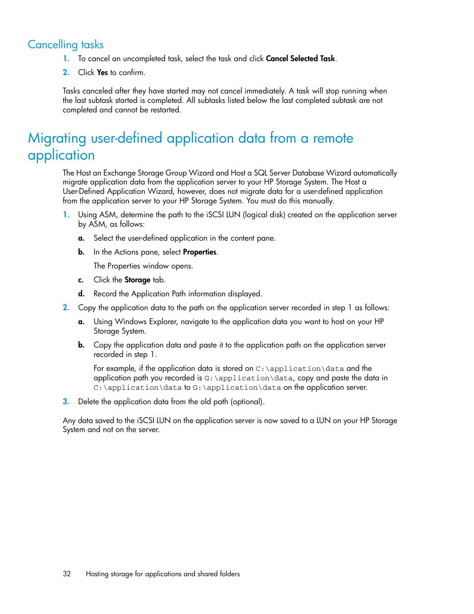 Cancelling tasks, Migrating user-defined application, Data from a remote application | HP X1000 Network Storage Systems User Manual | Page 32 / 68