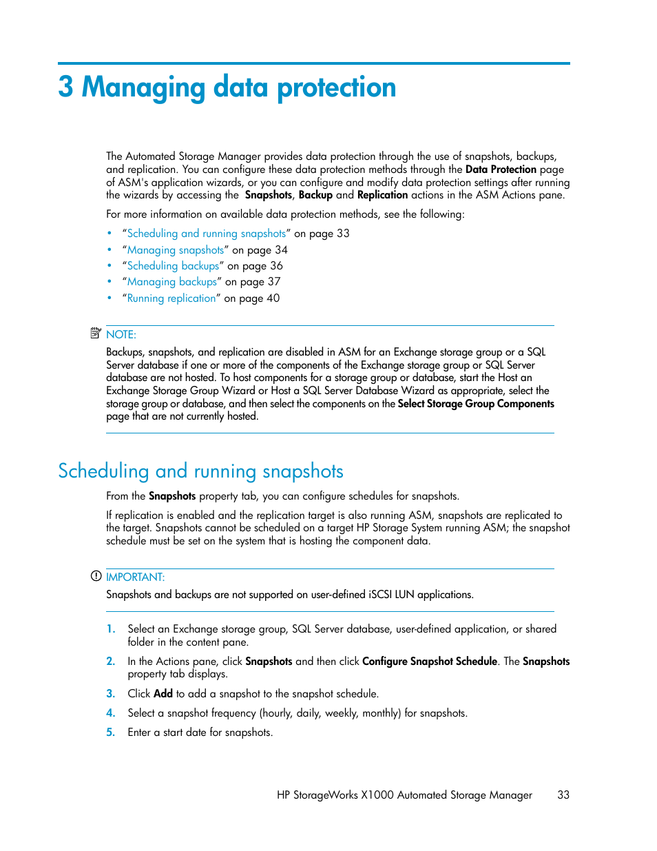 3 managing data protection, Scheduling and running snapshots, Data protection | HP X1000 Network Storage Systems User Manual | Page 33 / 68