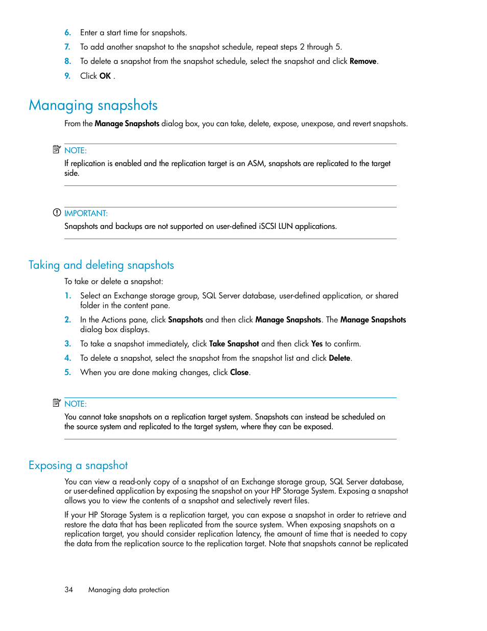 Managing snapshots, Taking and deleting snapshots, Exposing a snapshot | 34 exposing a snapshot | HP X1000 Network Storage Systems User Manual | Page 34 / 68