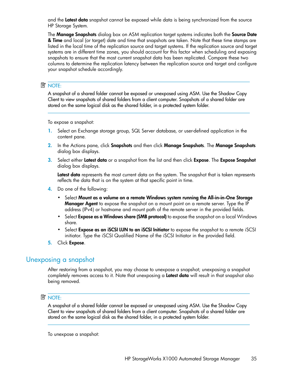 Unexposing a snapshot | HP X1000 Network Storage Systems User Manual | Page 35 / 68