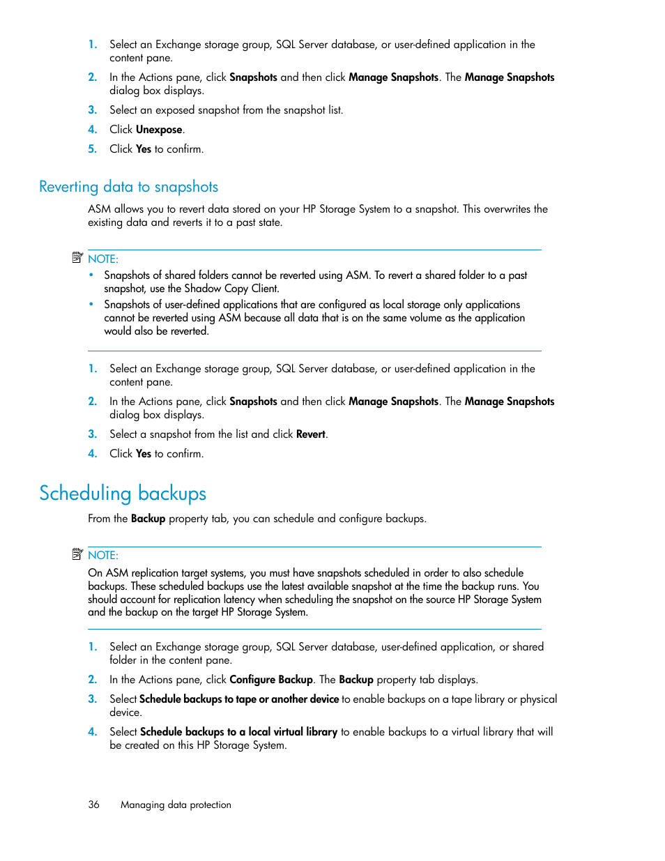 Reverting data to snapshots, Scheduling backups | HP X1000 Network Storage Systems User Manual | Page 36 / 68