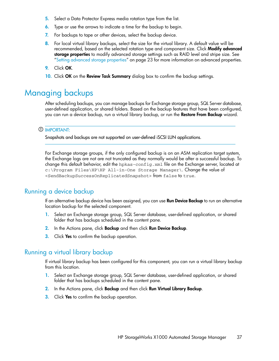 Managing backups, Running a device backup, Running a virtual library backup | 37 running a virtual library backup | HP X1000 Network Storage Systems User Manual | Page 37 / 68