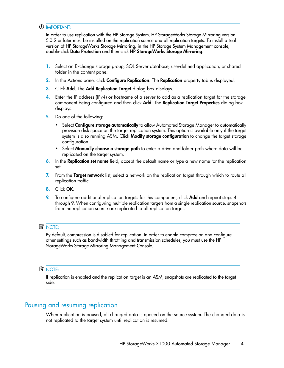 Pausing and resuming replication | HP X1000 Network Storage Systems User Manual | Page 41 / 68