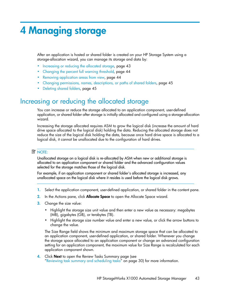 4 managing storage, Increasing or reducing the allocated storage, Managing storage | HP X1000 Network Storage Systems User Manual | Page 43 / 68