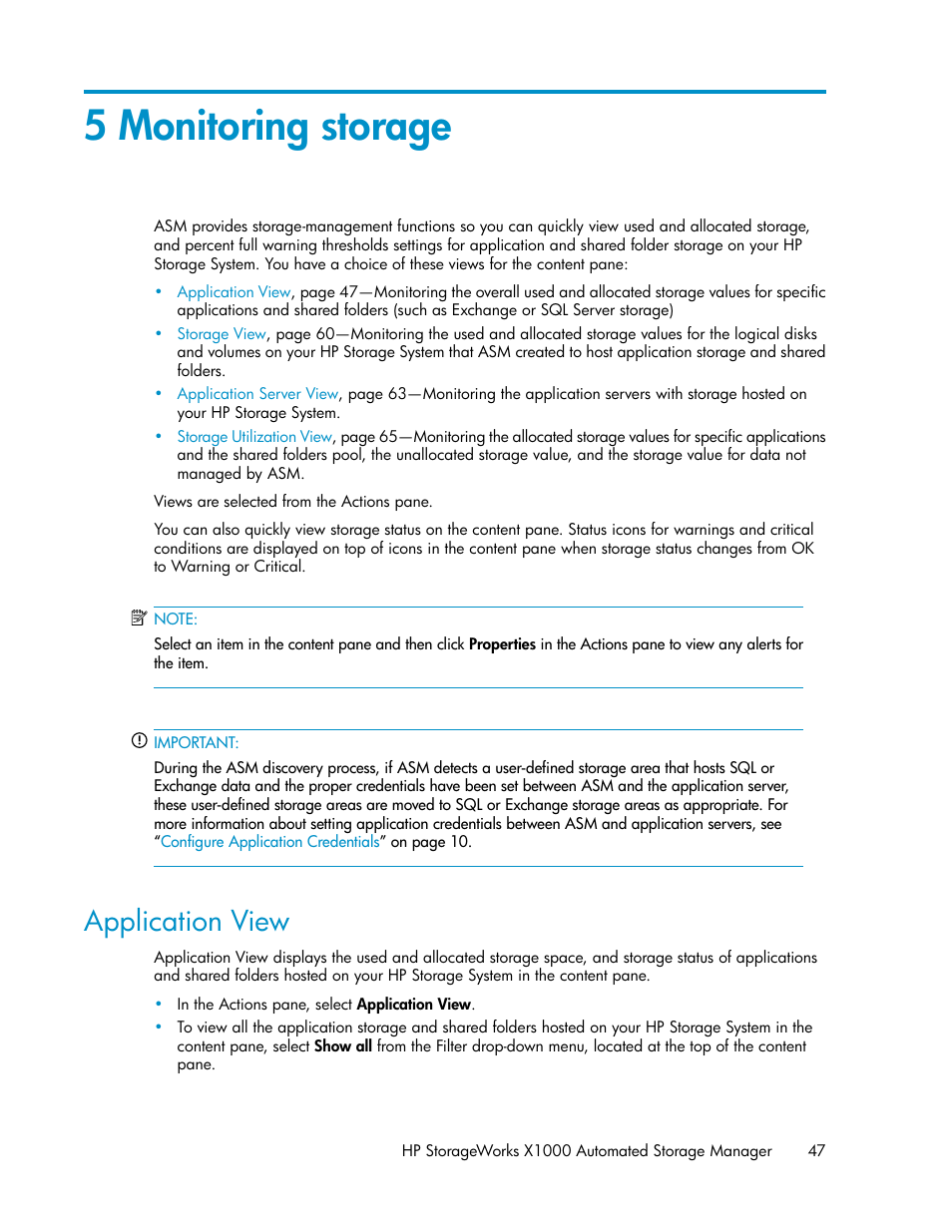 5 monitoring storage, Application view, Monitoring storage | HP X1000 Network Storage Systems User Manual | Page 47 / 68