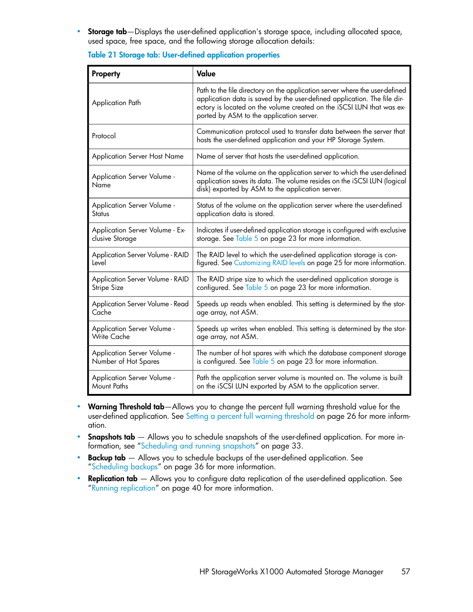 Storage tab: user-defined application properties | HP X1000 Network Storage Systems User Manual | Page 57 / 68