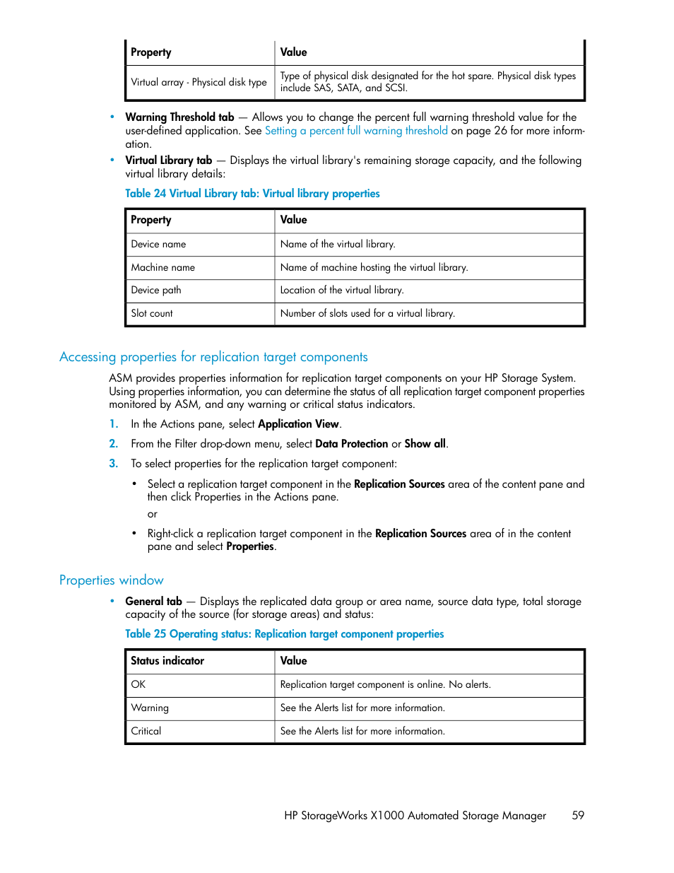 Virtual library tab: virtual library properties | HP X1000 Network Storage Systems User Manual | Page 59 / 68