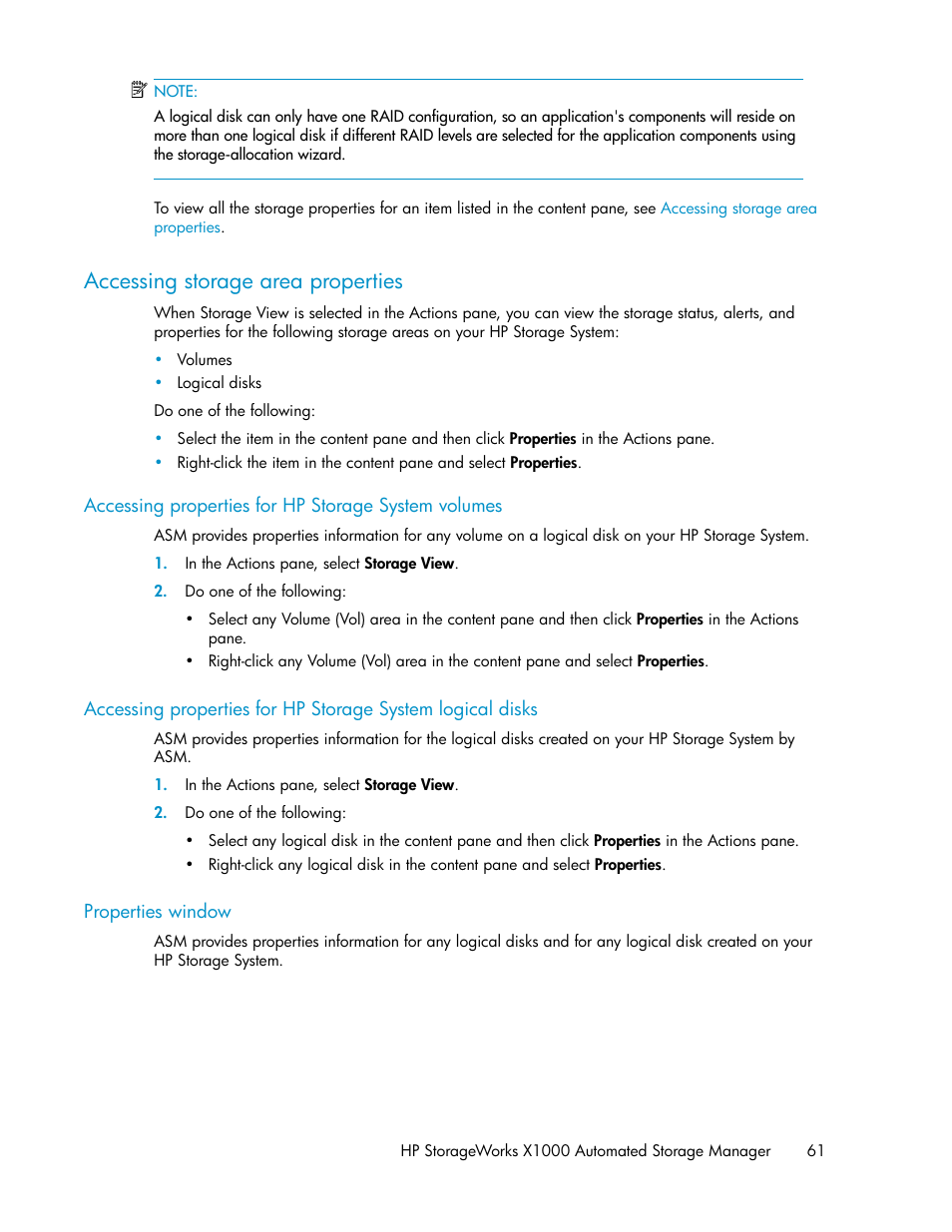 Accessing storage area properties, Accessing properties for hp storage system volumes | HP X1000 Network Storage Systems User Manual | Page 61 / 68