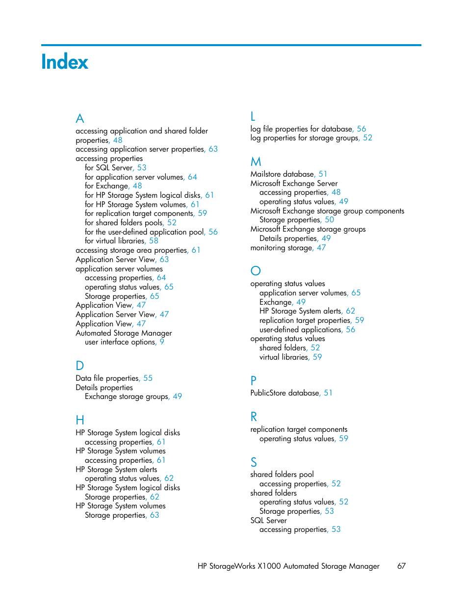 Index | HP X1000 Network Storage Systems User Manual | Page 67 / 68