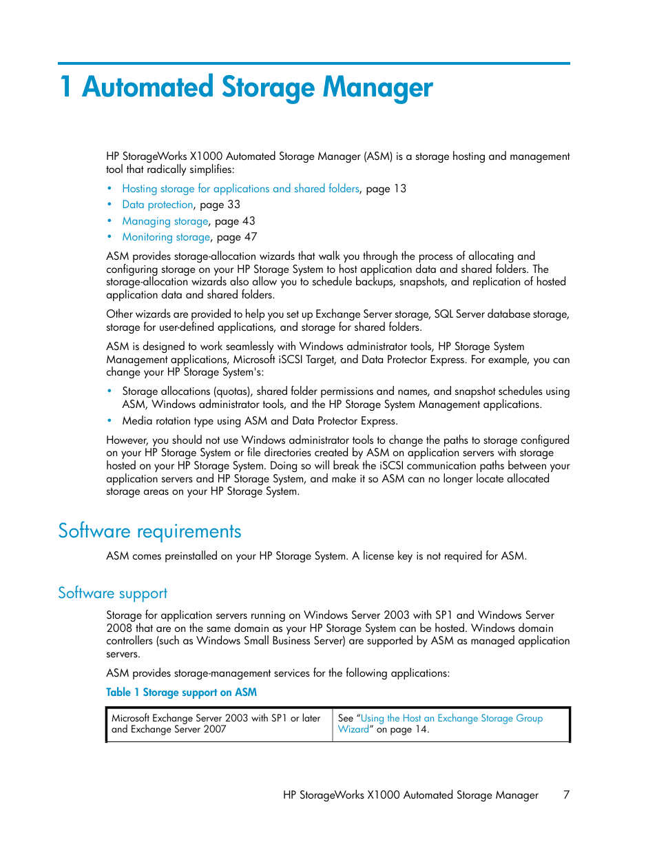 1 automated storage manager, Software requirements, Software support | Storage support on asm | HP X1000 Network Storage Systems User Manual | Page 7 / 68