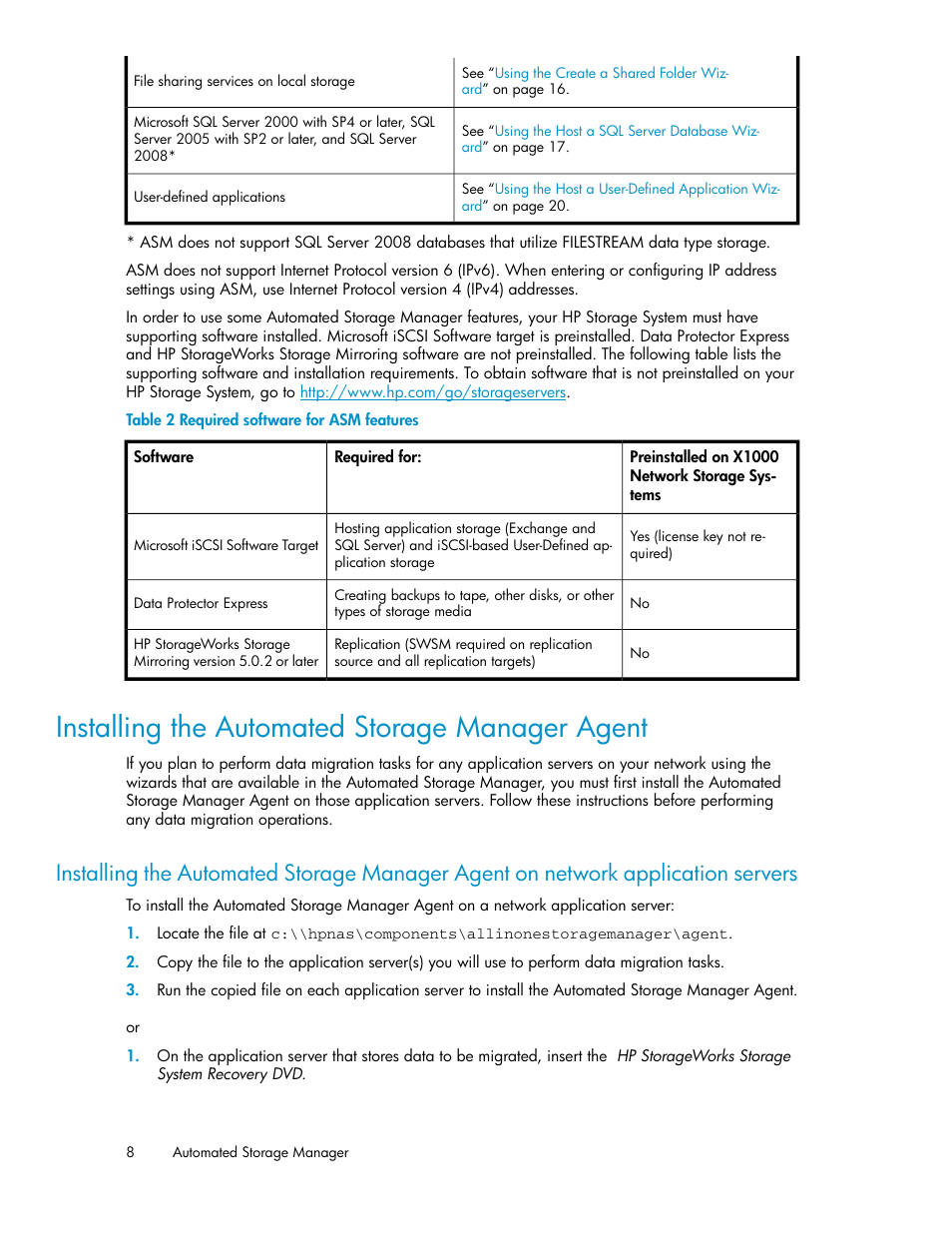 Installing the automated storage manager agent, Required software for asm features | HP X1000 Network Storage Systems User Manual | Page 8 / 68
