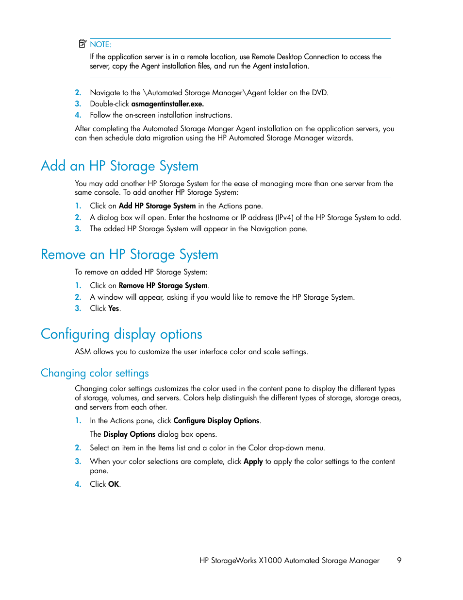 Add an hp storage system, Remove an hp storage system, Configuring display options | 9 remove an hp storage system, 9 configuring display options, Changing color settings | HP X1000 Network Storage Systems User Manual | Page 9 / 68