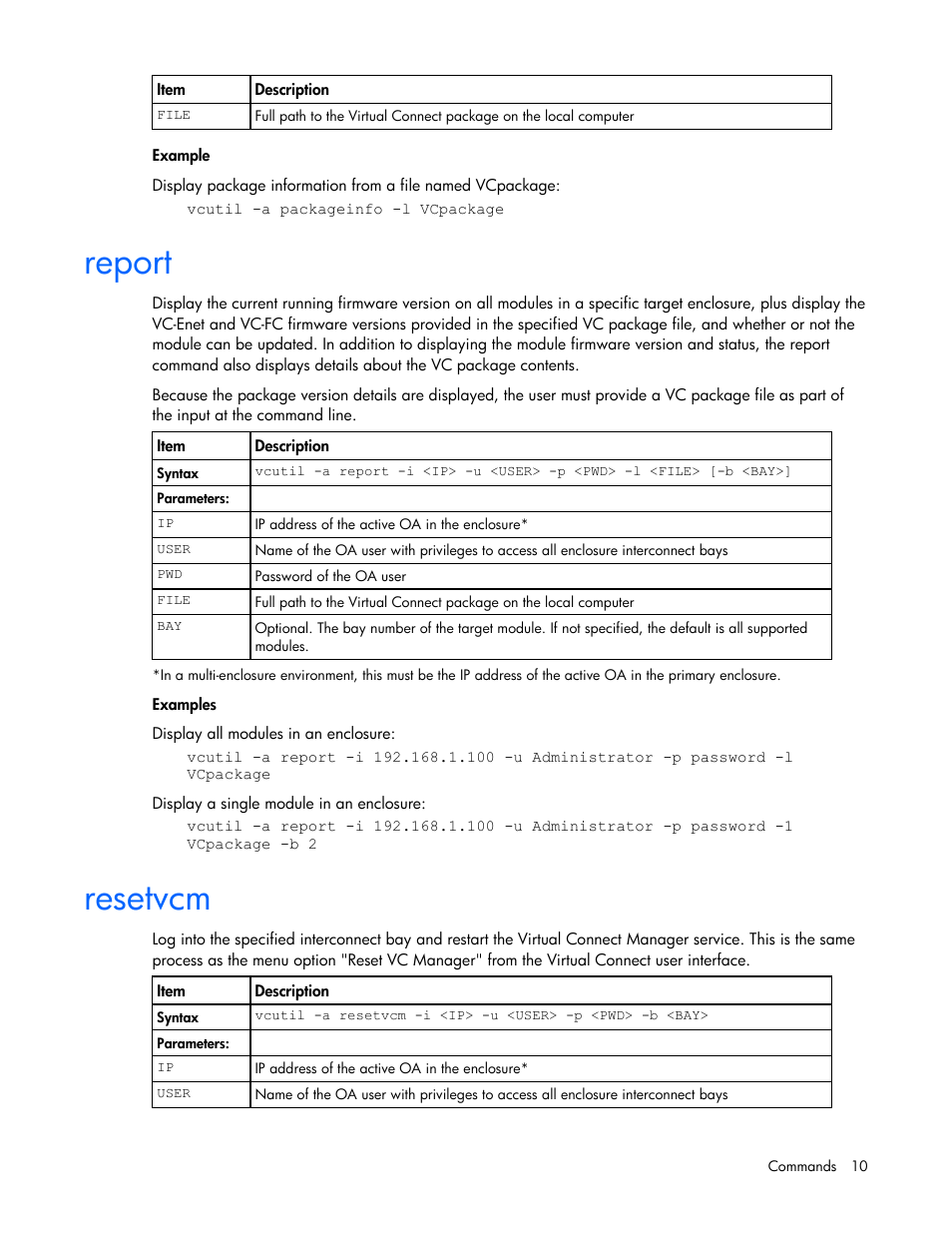 Report, Resetvcm | HP Virtual Connect Flex-10 10Gb Ethernet Module for c-Class BladeSystem User Manual | Page 10 / 17
