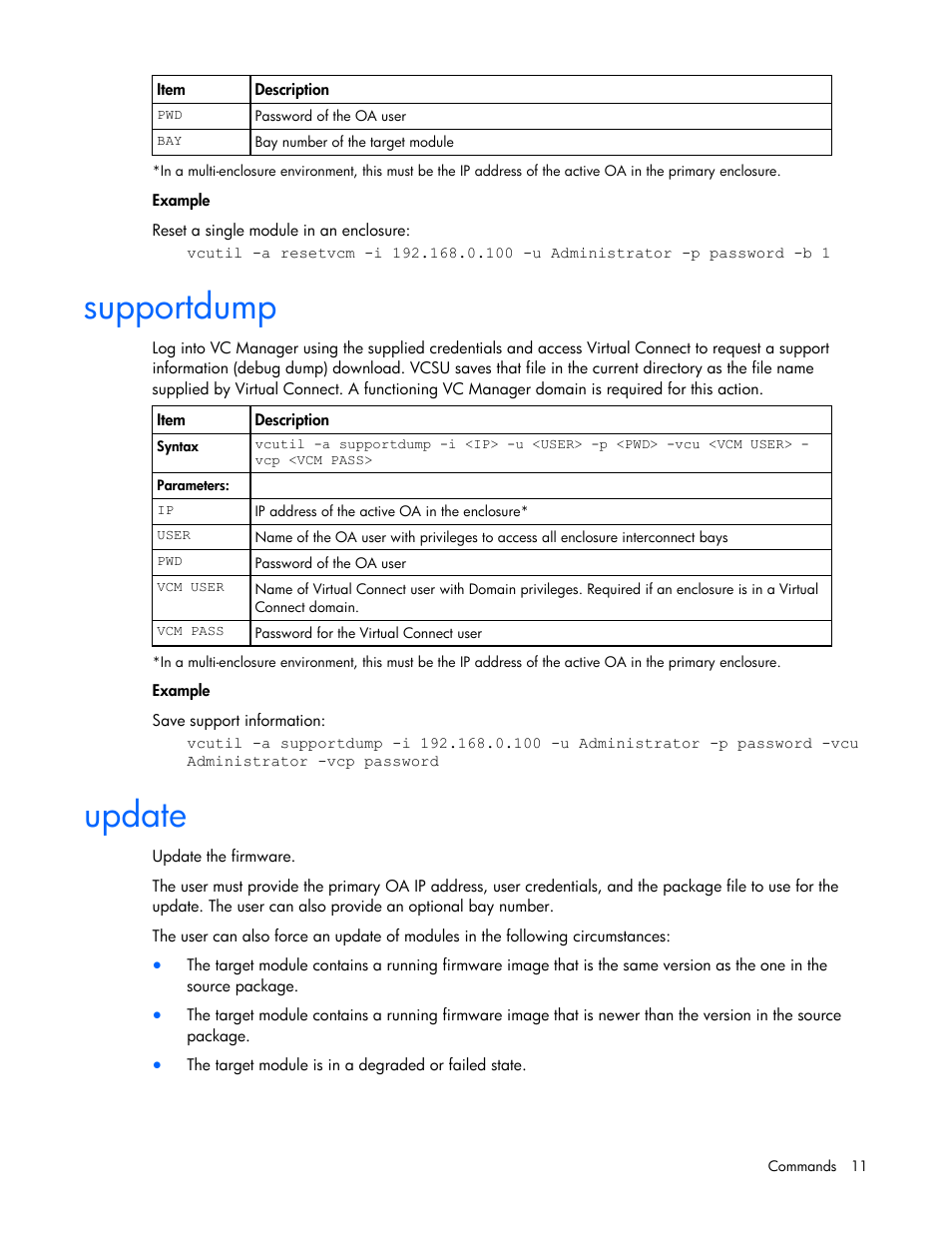 Supportdump, Update | HP Virtual Connect Flex-10 10Gb Ethernet Module for c-Class BladeSystem User Manual | Page 11 / 17