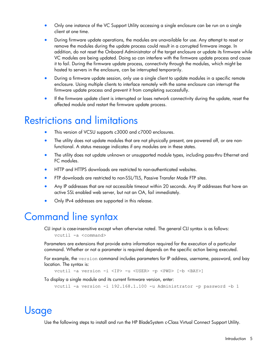 Restrictions and limitations, Command line syntax, Usage | HP Virtual Connect Flex-10 10Gb Ethernet Module for c-Class BladeSystem User Manual | Page 5 / 17