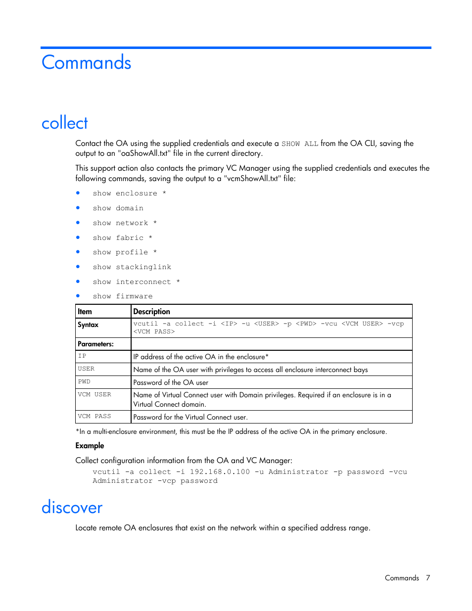 Commands, Collect, Discover | HP Virtual Connect Flex-10 10Gb Ethernet Module for c-Class BladeSystem User Manual | Page 7 / 17