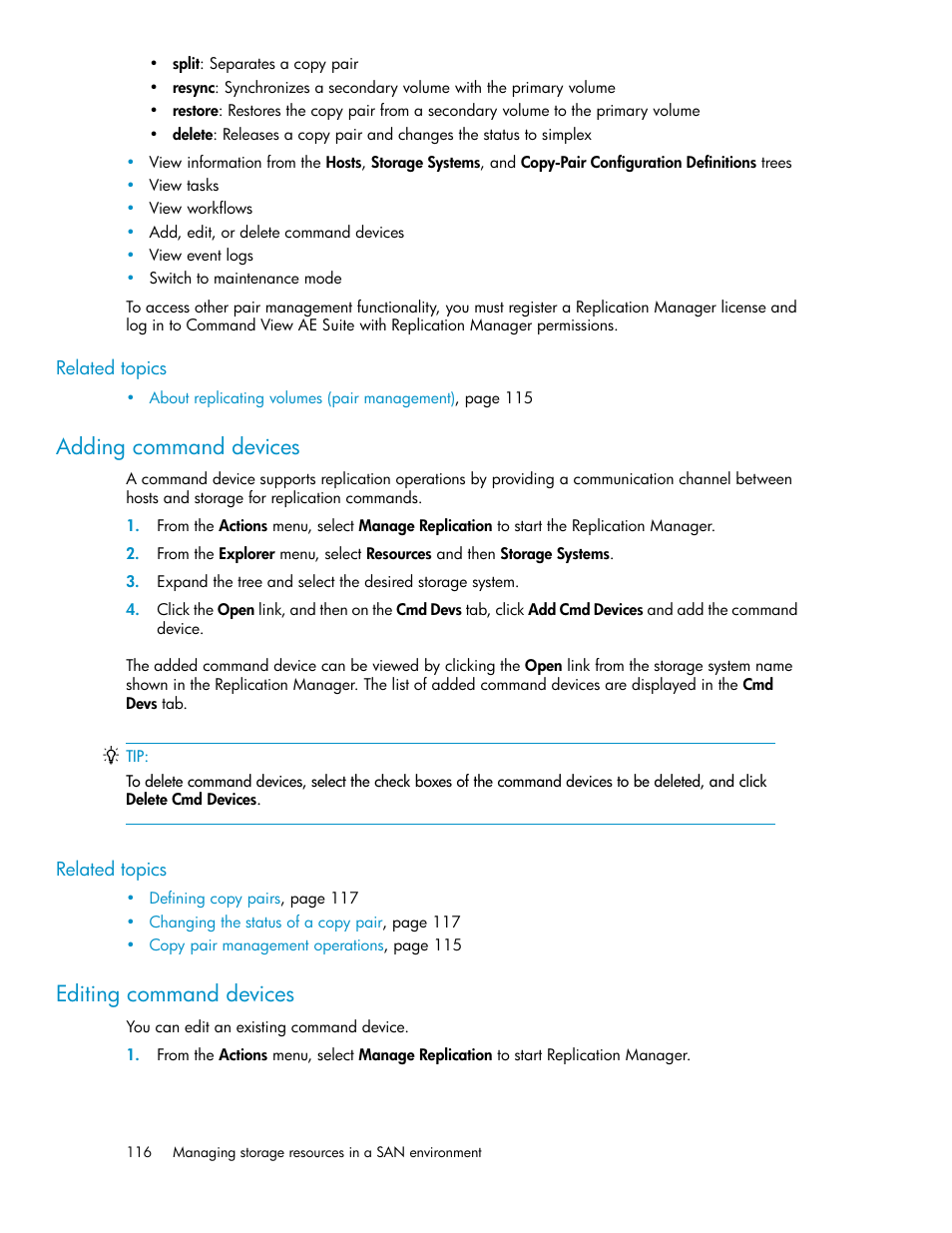 Adding command devices, Editing command devices, 116 editing command devices | HP XP P9000 Command View Advanced Edition Software Licenses User Manual | Page 116 / 250