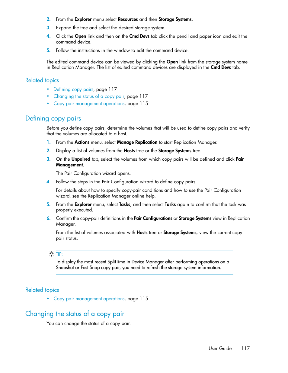 Defining copy pairs, Changing the status of a copy pair, 117 changing the status of a copy pair | HP XP P9000 Command View Advanced Edition Software Licenses User Manual | Page 117 / 250