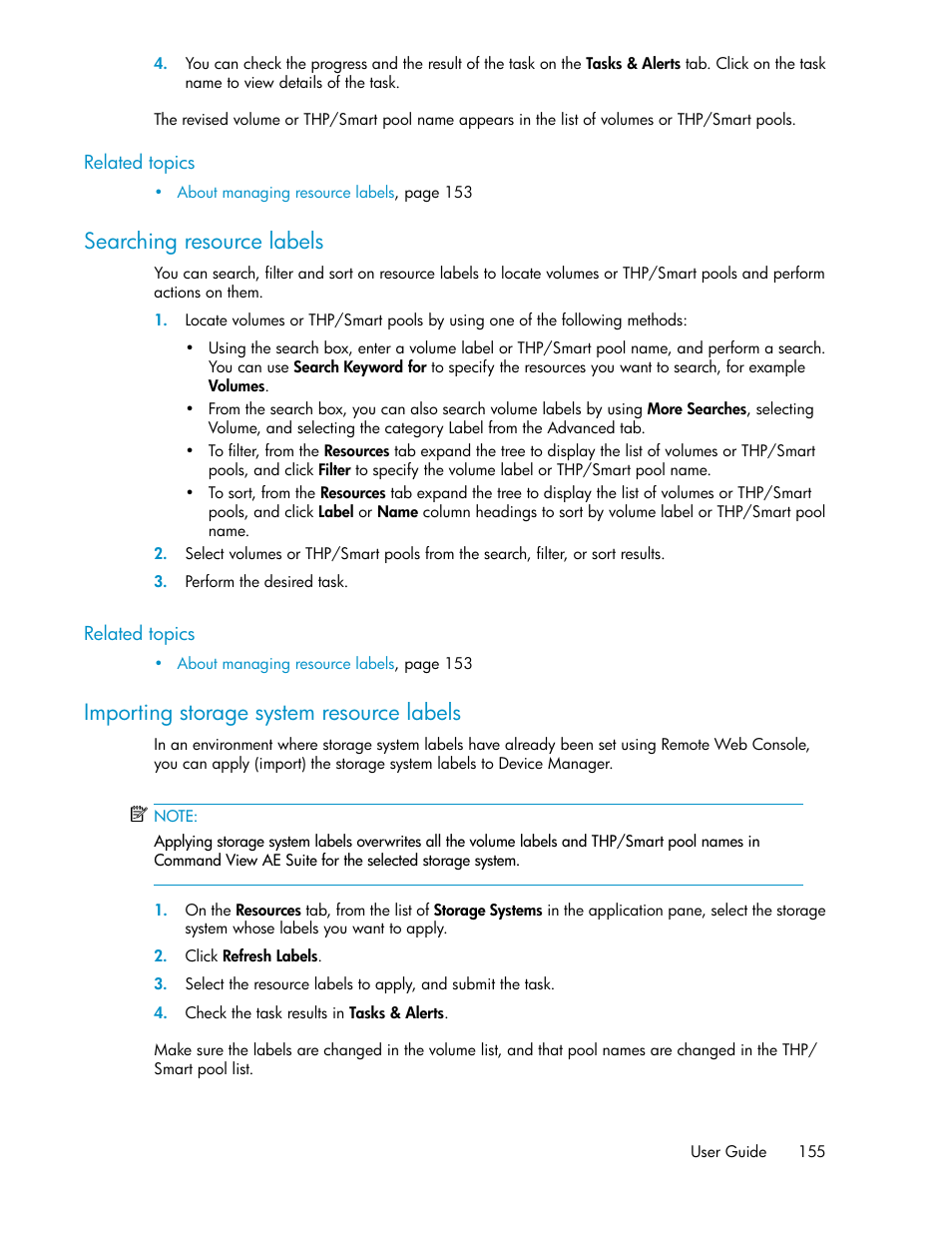 Searching resource labels, Importing storage system resource labels, 155 importing storage system resource labels | HP XP P9000 Command View Advanced Edition Software Licenses User Manual | Page 155 / 250