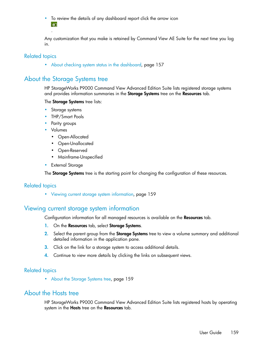 About the storage systems tree, Viewing current storage system information, About the hosts tree | 159 viewing current storage system information, 159 about the hosts tree | HP XP P9000 Command View Advanced Edition Software Licenses User Manual | Page 159 / 250