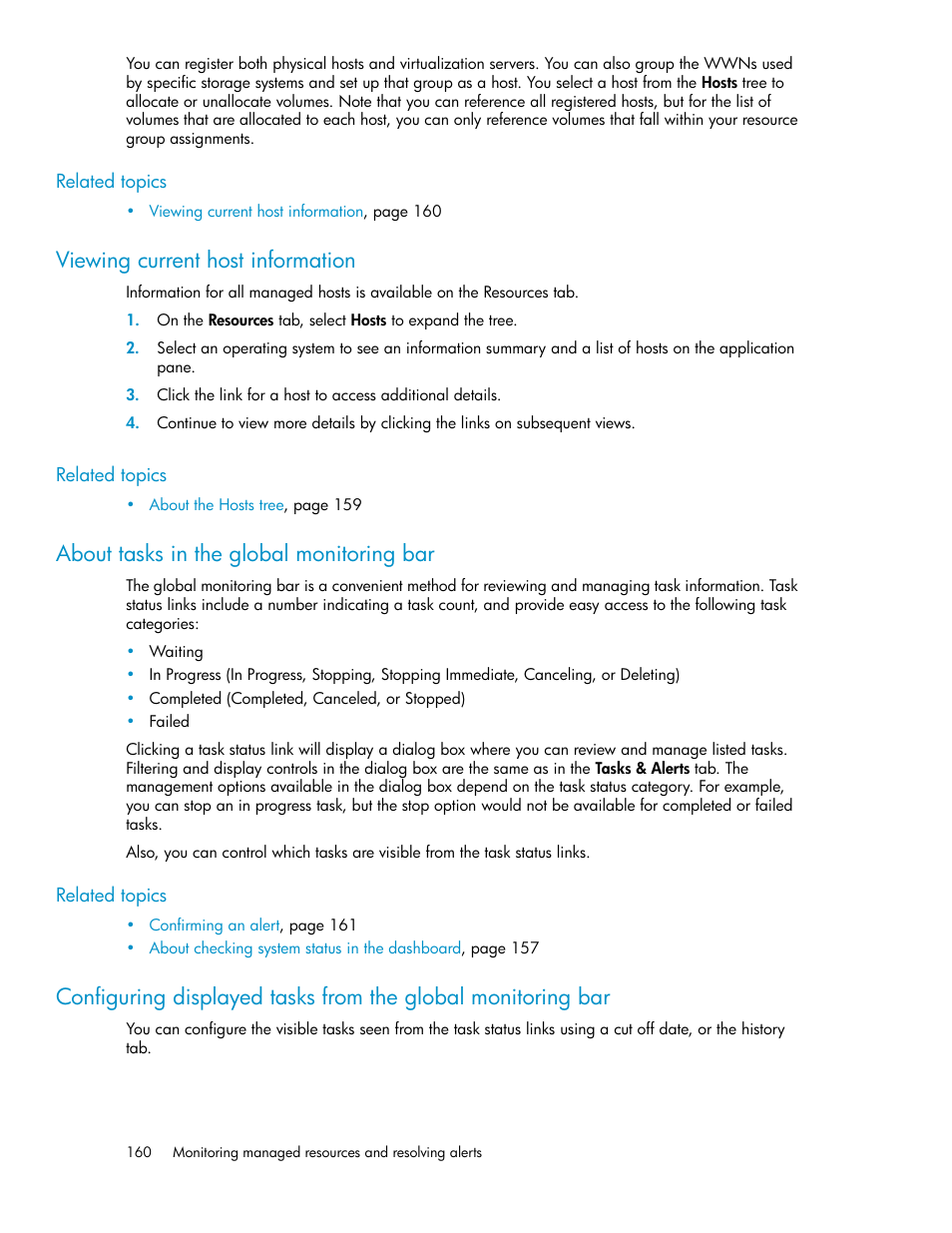 Viewing current host information, About tasks in the global monitoring bar, 160 about tasks in the global monitoring bar | HP XP P9000 Command View Advanced Edition Software Licenses User Manual | Page 160 / 250