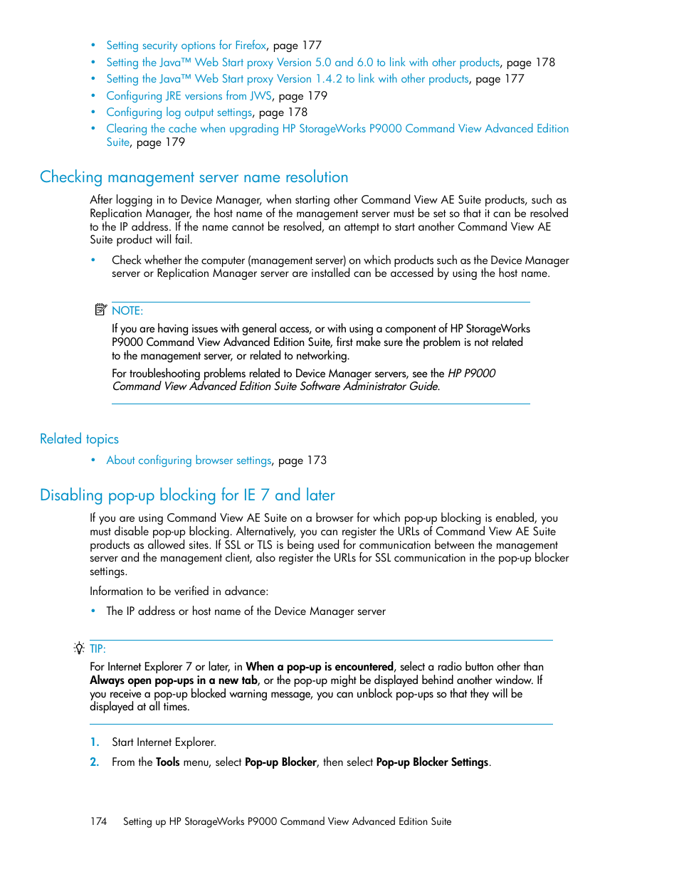 Checking management server name resolution, Disabling pop-up blocking for ie 7 and later, 174 disabling pop-up blocking for ie 7 and later | HP XP P9000 Command View Advanced Edition Software Licenses User Manual | Page 174 / 250