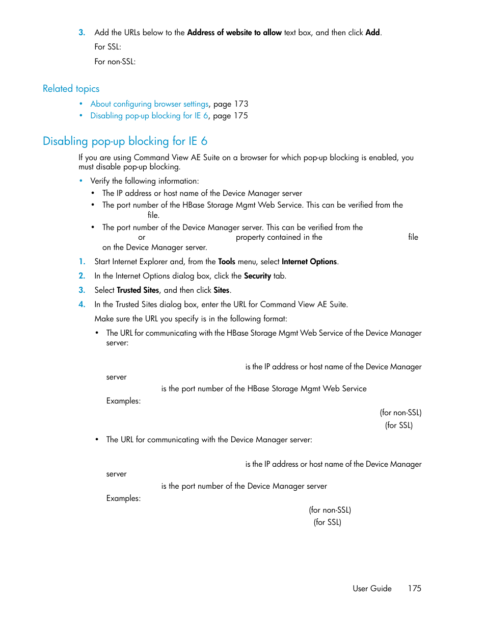 Disabling pop-up blocking for ie 6 | HP XP P9000 Command View Advanced Edition Software Licenses User Manual | Page 175 / 250
