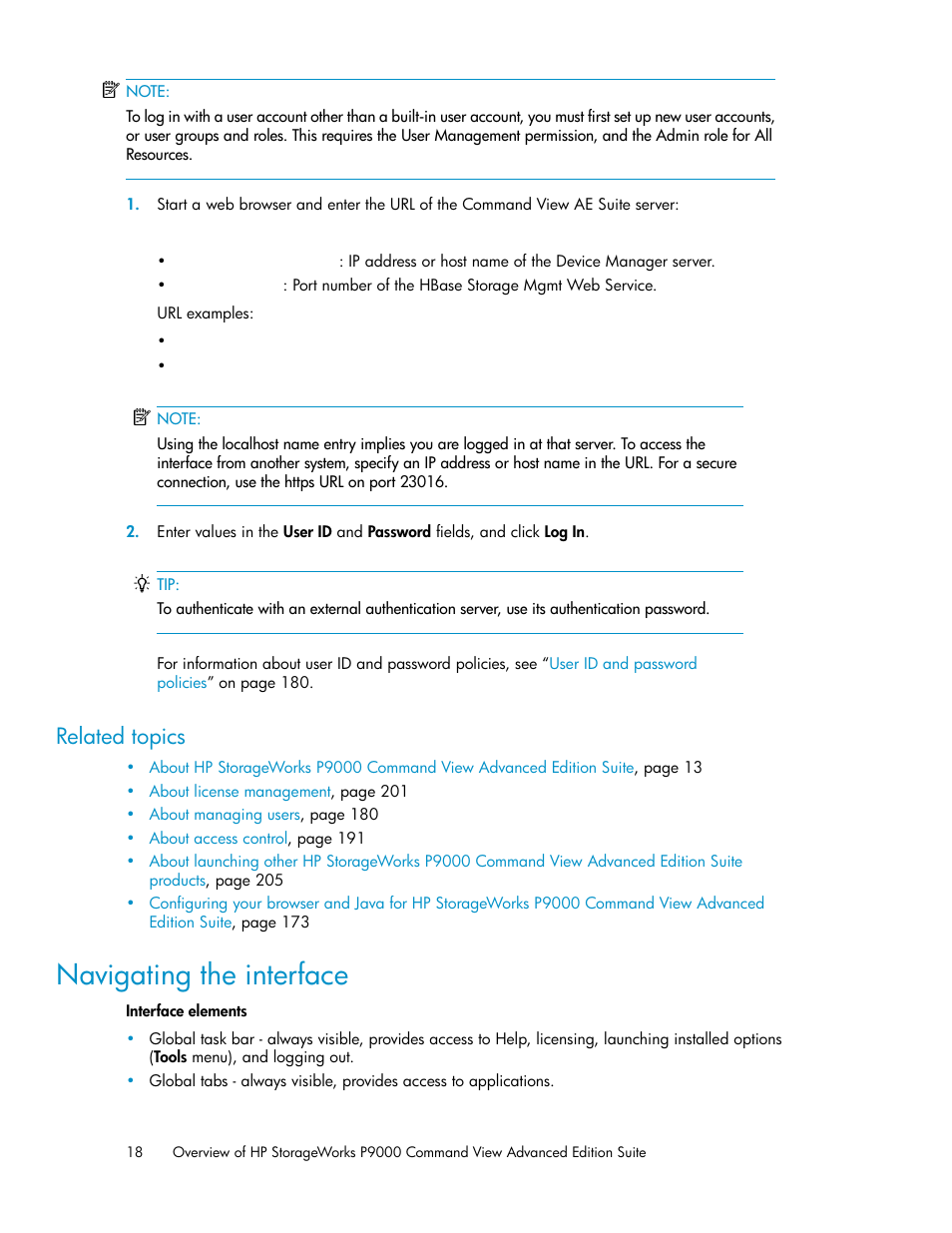 Navigating the interface, Related topics | HP XP P9000 Command View Advanced Edition Software Licenses User Manual | Page 18 / 250