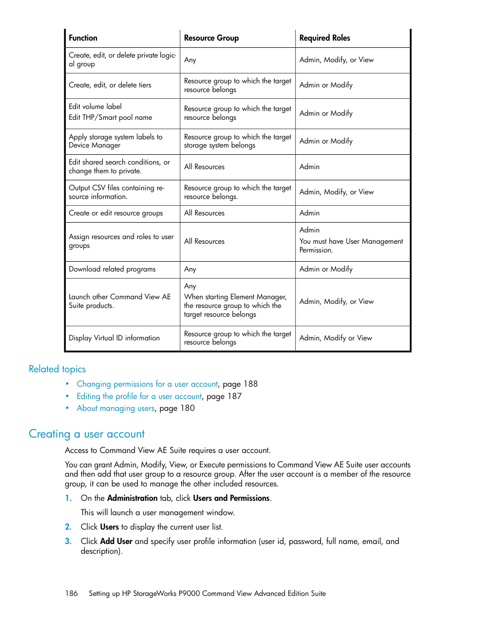 Creating a user account, Related topics | HP XP P9000 Command View Advanced Edition Software Licenses User Manual | Page 186 / 250