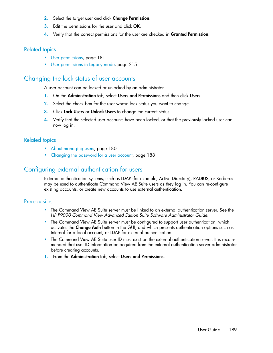 Changing the lock status of user accounts, Configuring external authentication for users, 189 configuring external authentication for users | HP XP P9000 Command View Advanced Edition Software Licenses User Manual | Page 189 / 250