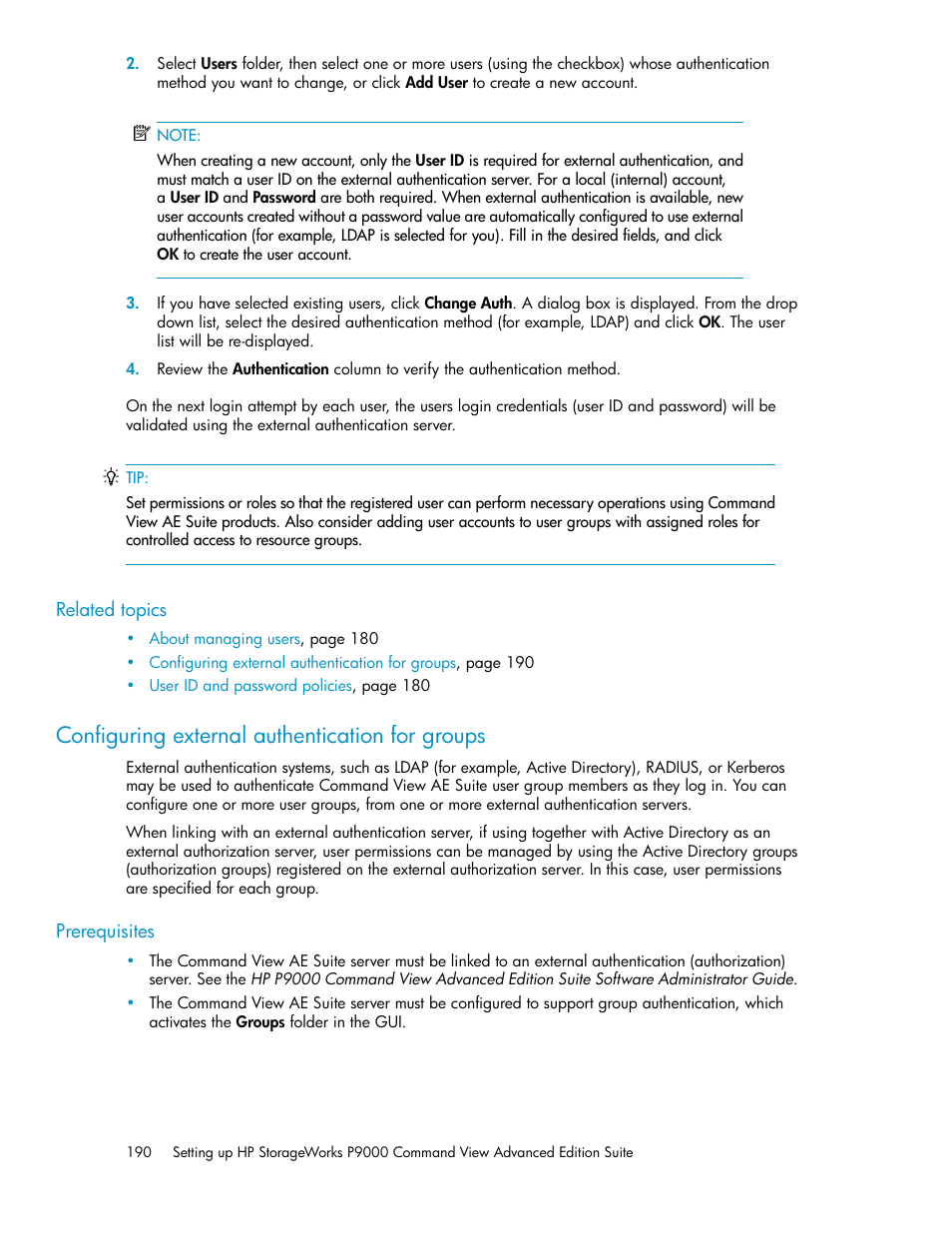 Configuring external authentication for groups | HP XP P9000 Command View Advanced Edition Software Licenses User Manual | Page 190 / 250